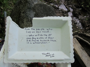 Appalachian Trail Trail Magic cooler note in lid