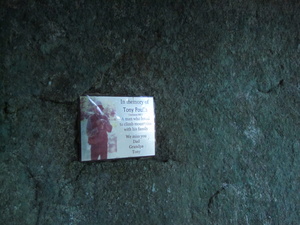 Appalachian Trail Memorial plaque for Tony Poulin. Needs to be removed