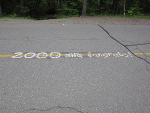 Appalachian Trail Long Falls Dam Road marked with 2000 miles.  My book says 2007.5 from Springer Mountain in Georgia.  Close enough.